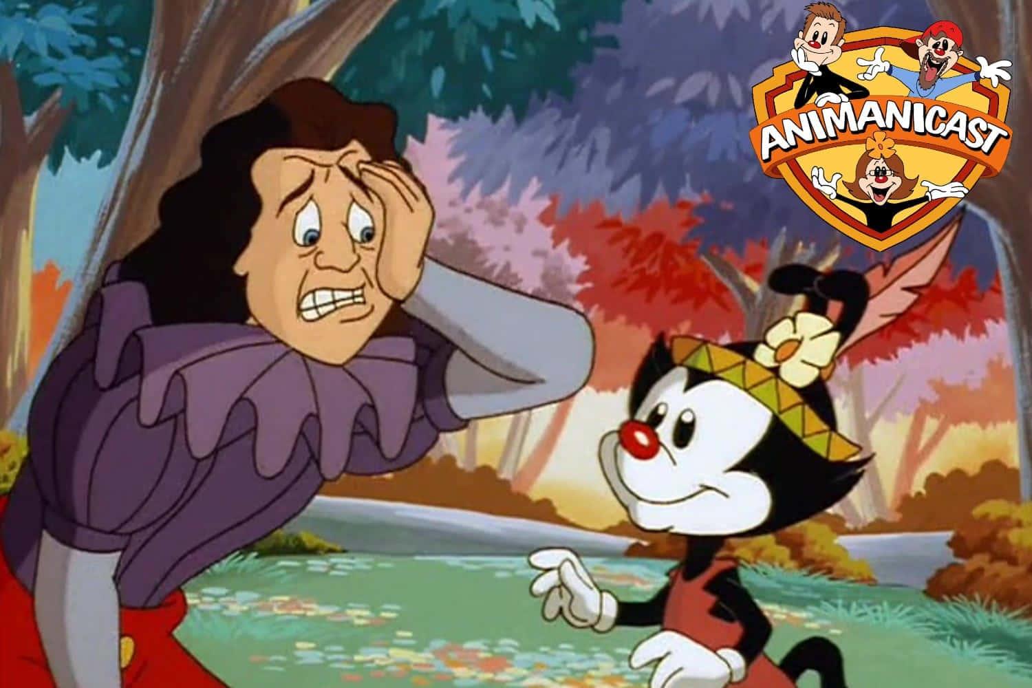 Animaniacs 跟著他們的經典口號：「進入Wakko的瘋狂世界」 壁紙 — 一個卡通女人帶著痛苦的表情，在色彩繽紛的秋日森林中面對一隻開心的黑白貓。