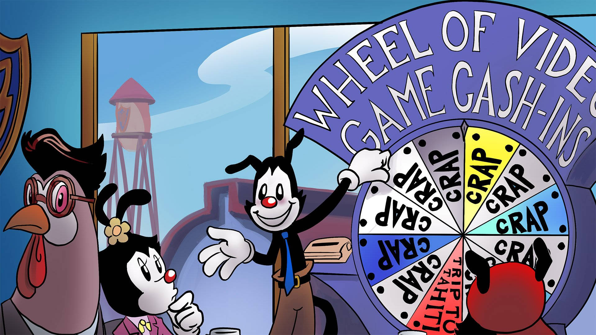 卡通角色在一個標有「Wheel of Video Game Cash-Ins」的遊戲節目輪盤旁。