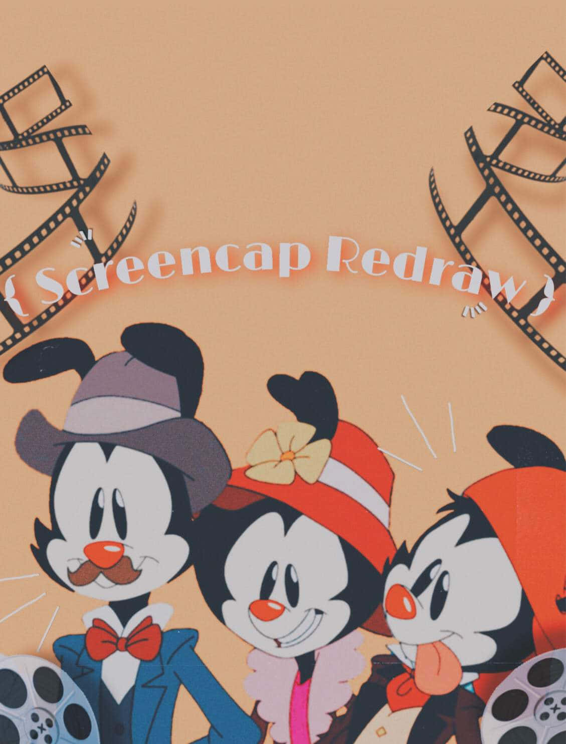 Animaniacs 開播啦！ 壁紙 — 三個復古卡通人物戴著時尚帽子和領結，在由菲林條框著的桃色背景前愉快地擺姿勢。