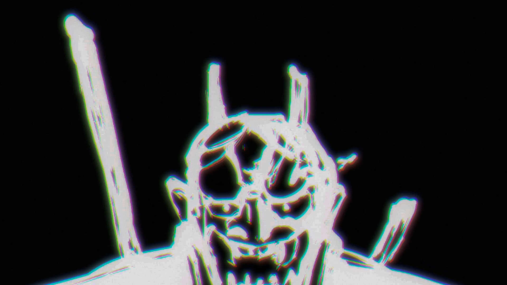 anime 壁紙 — 一個帶有角和尖牙的故障白色惡魔面孔在黑色背景上發光。