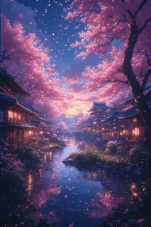 黃昏時分，櫻花在傳統日本建築和發光燈籠旁邊的河流上飄蕩。