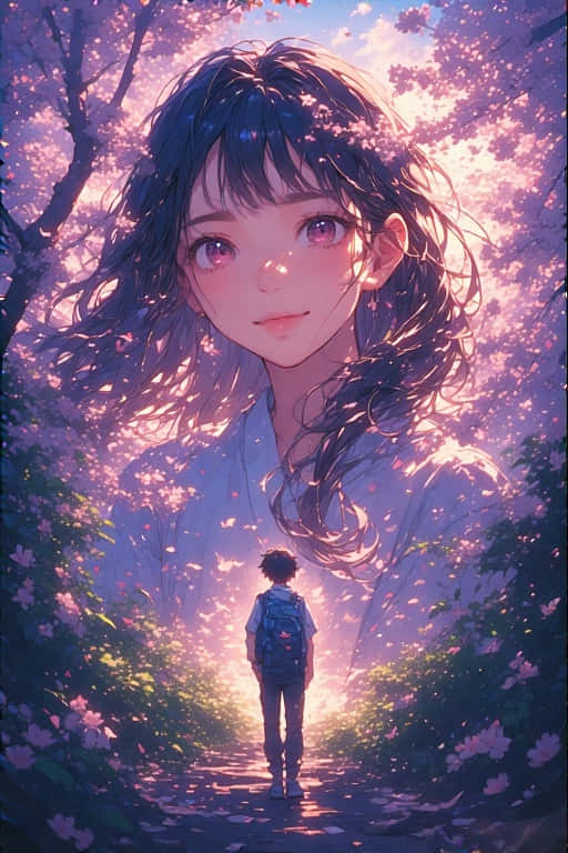 一個小孩在櫻花林中，在一個巨大女孩的臉下走在一條發光的路上。