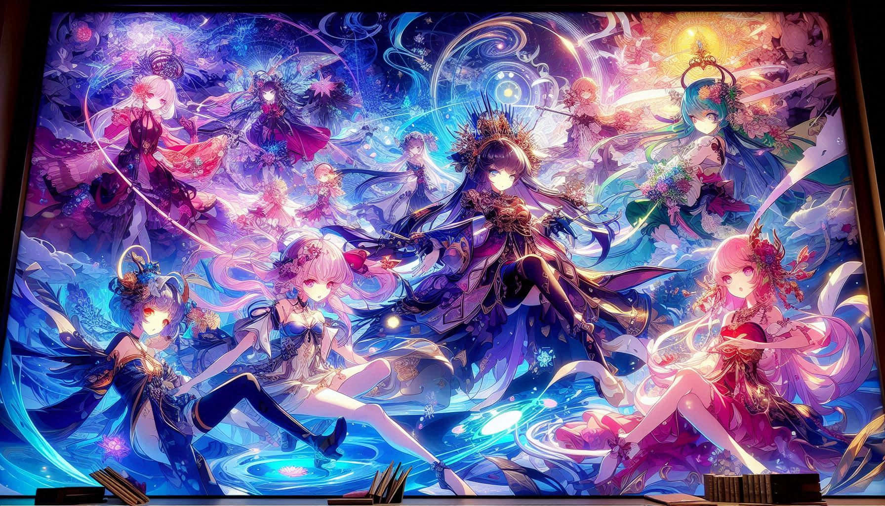 一幅色彩繽紛的動漫插圖，描繪多位奇幻角色在宇宙背景下擺出魔法姿勢。