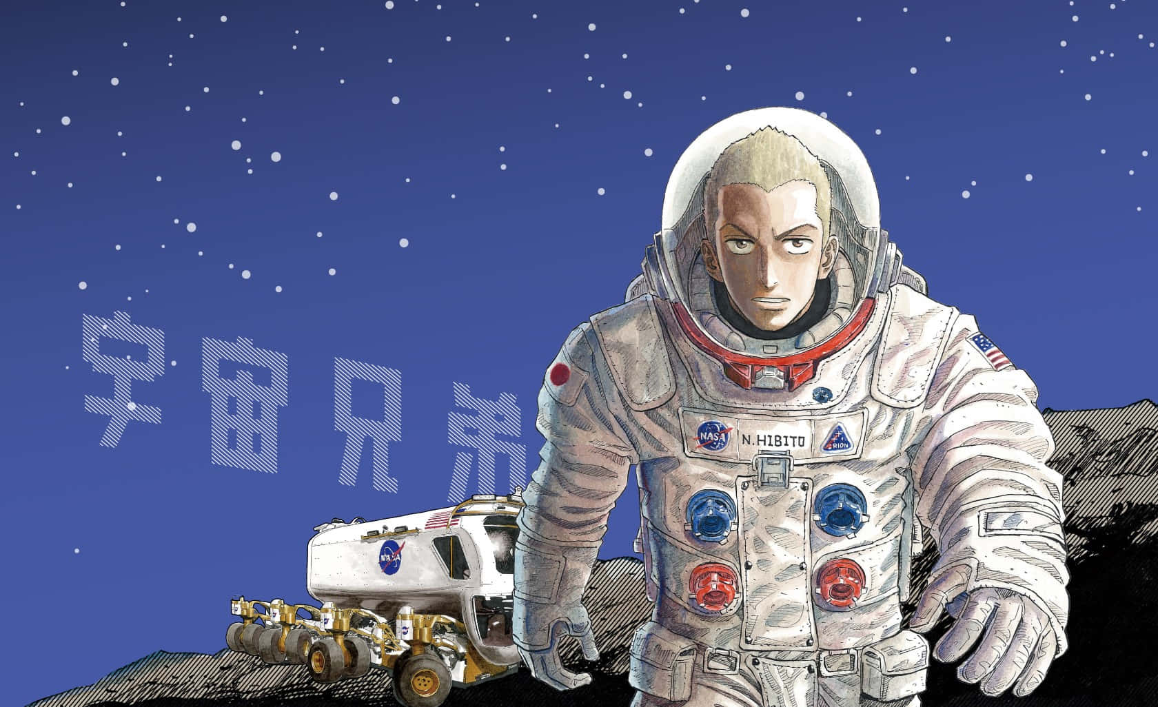  壁紙 — 一個動漫太空人站在一個岩石天體上，旁邊有一輛月球車，背景是繁星點點的夜空。
