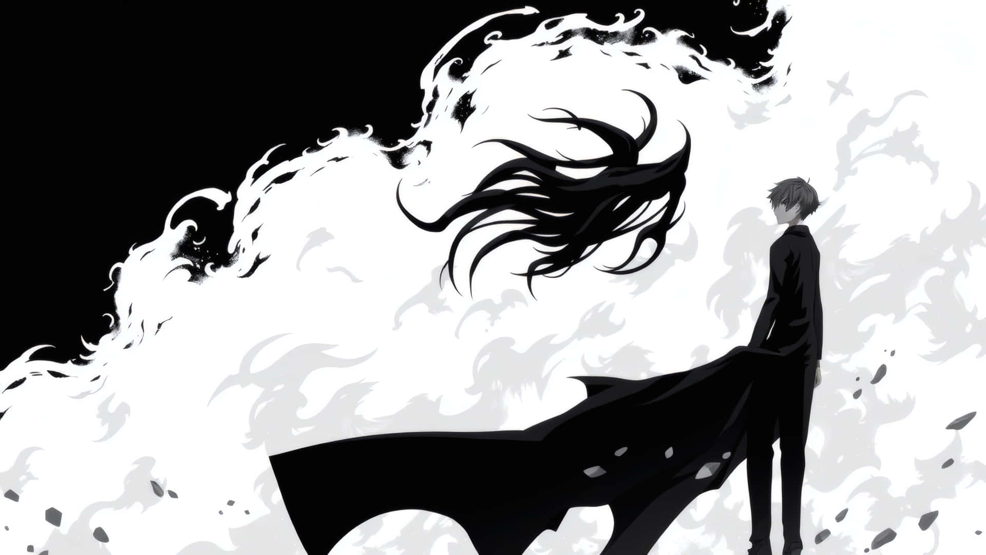 動漫男孩穿著黑色外套，面對旋轉的白雲和長長的黑色頭髮狀物體