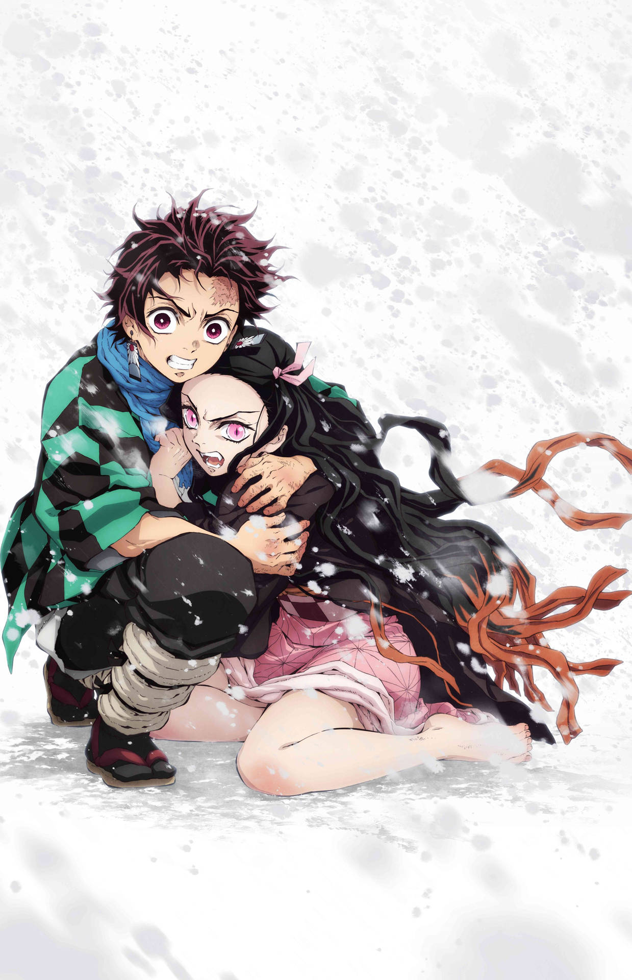 禰子與炭治郎·雪境同行 壁紙 — 一個穿著綠色格仔羽織的動畫男孩擁抱著一個長黑髮粉紅眼睛的女孩，雪花在他們周圍飄落。