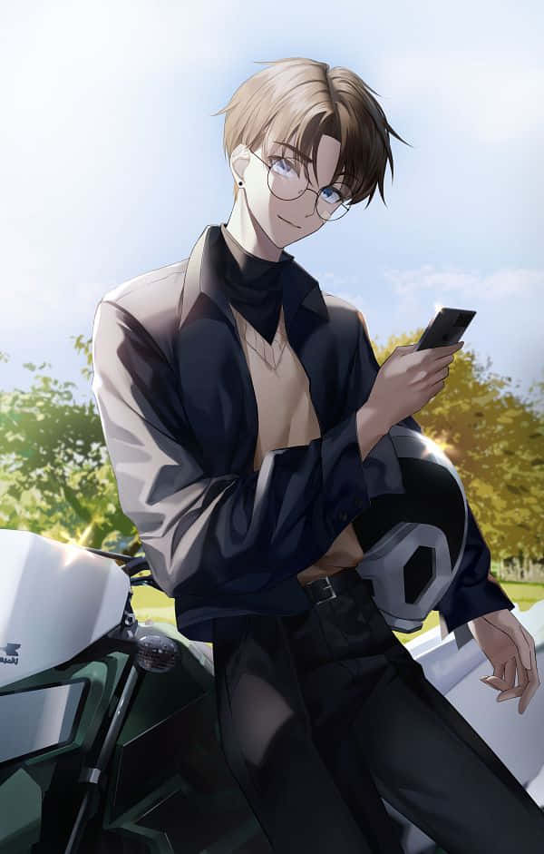  壁紙 — 一個戴眼鏡的時尚動漫男孩在明亮的陽光下靠著電單車，手持電話。