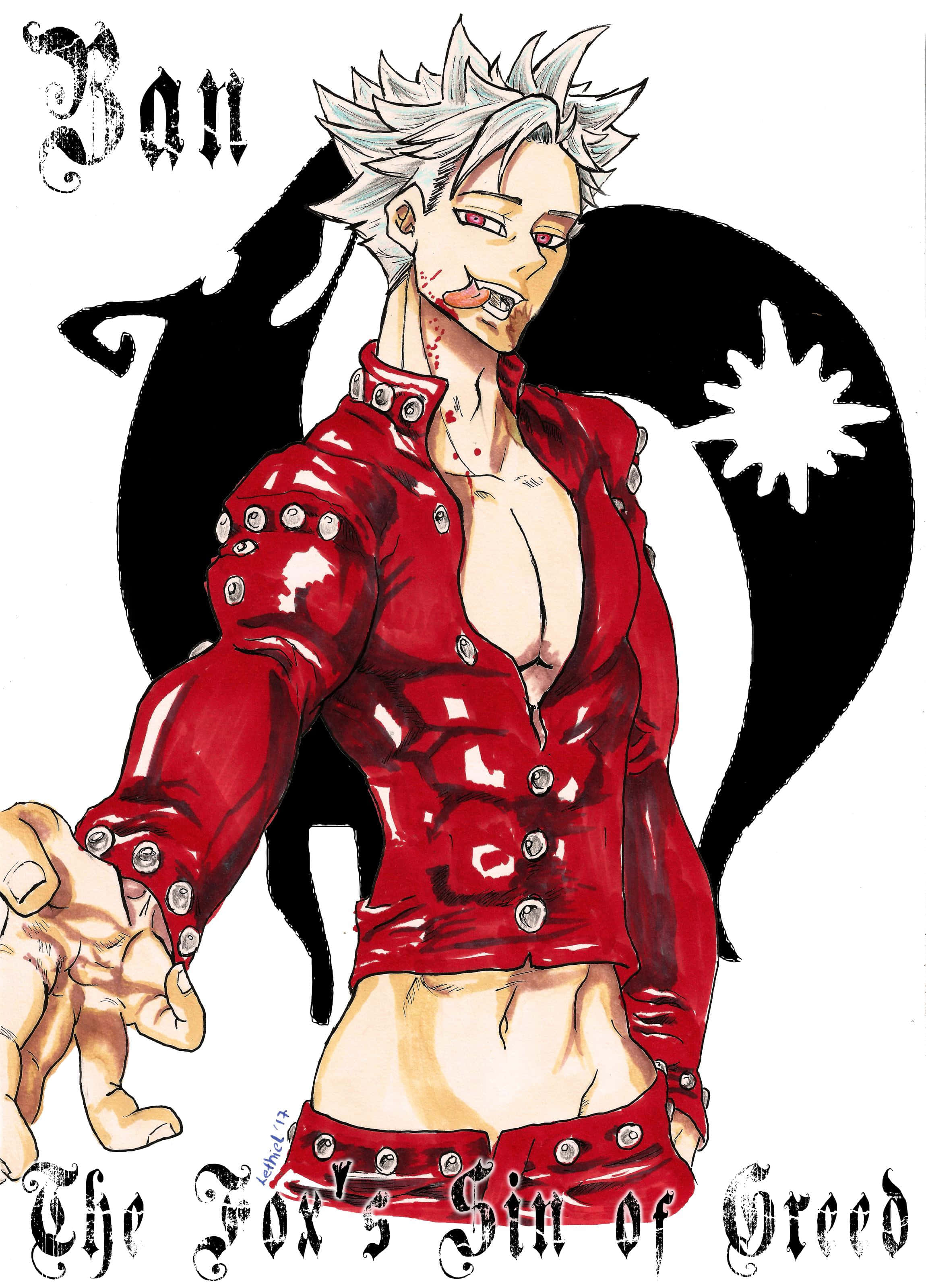 Seven Deadly Sins Ban 桌布 壁紙 — 一個刺蝟頭髮的動漫角色，身穿紅色鉚釘外套，臉上帶血，身後有黑色狐狸剪影。