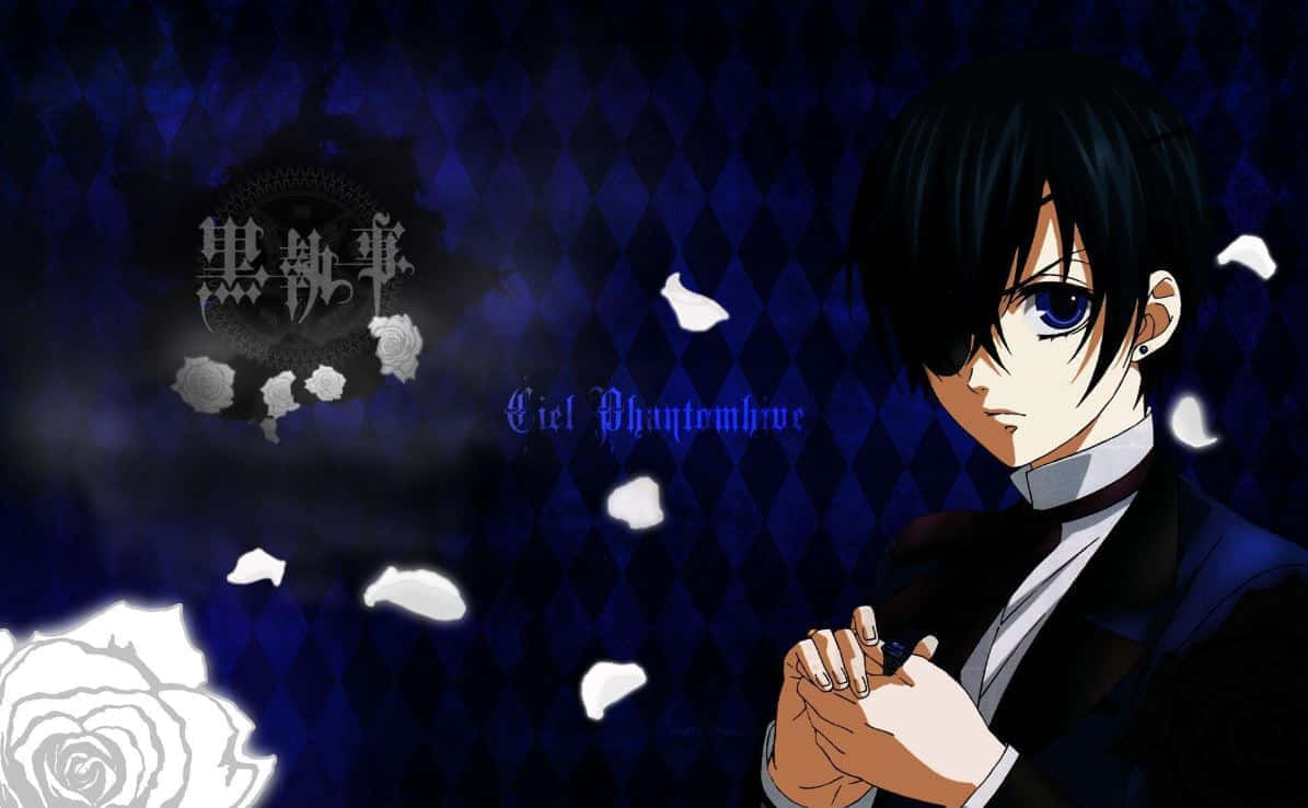  壁紙 — 動畫角色 Ciel Phantomhive 身穿黑色西裝，背景為深藍色鑽石圖案，並有漂浮的白玫瑰。