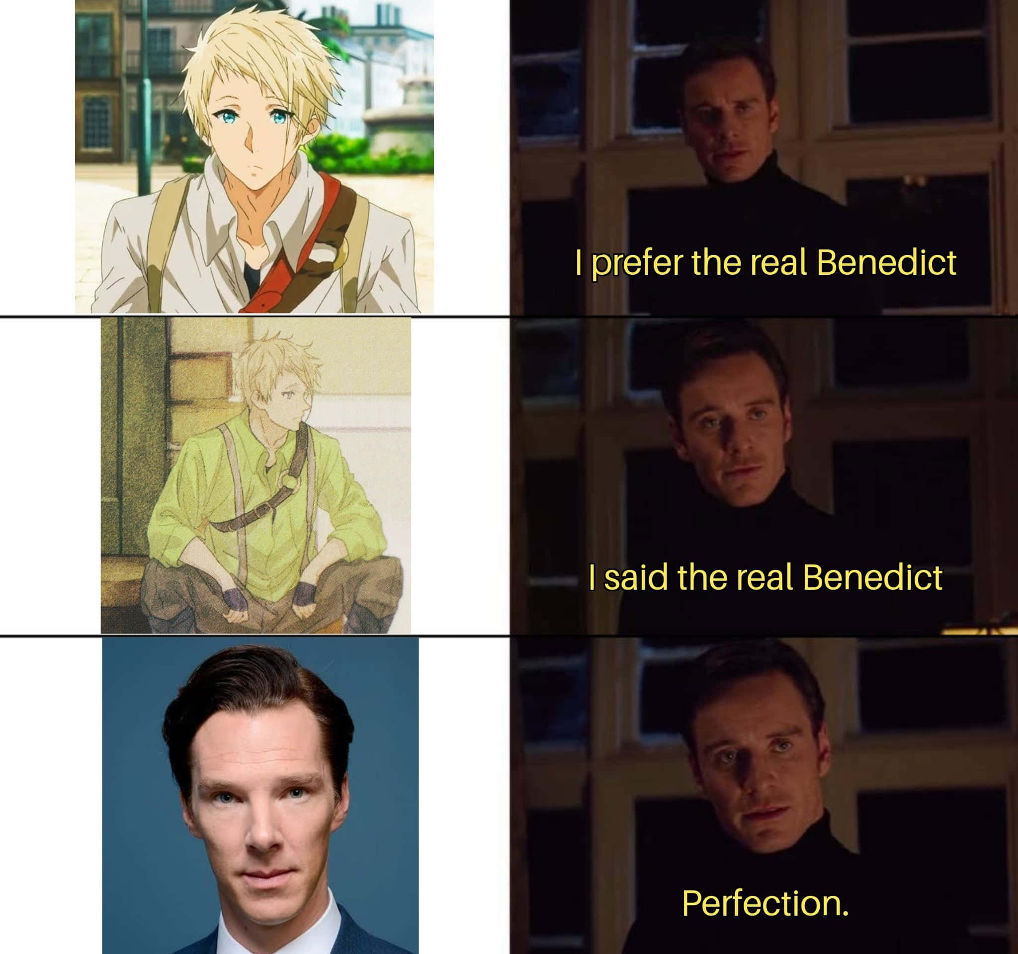 Benedict Blue 桌布 壁紙 — 將動漫角色與演員班尼狄·甘巴貝治進行比較，並以迷因格式加上文字覆蓋。