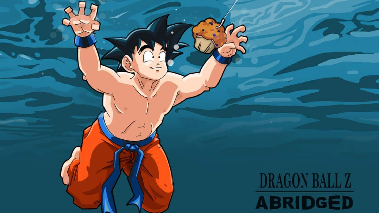  壁紙 — 來自《龍珠Z Abridged》的動畫角色悟空從藍色水中浮出，手持朱古力粒鬆餅，表情驚訝。
