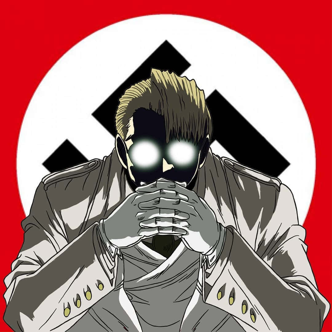  壁紙 — 一個穿著軍裝、眼睛發光、帶有威脅性的動漫角色，站在一個紅色背景前，背景上有一個白色圓圈內的黑色卍字。