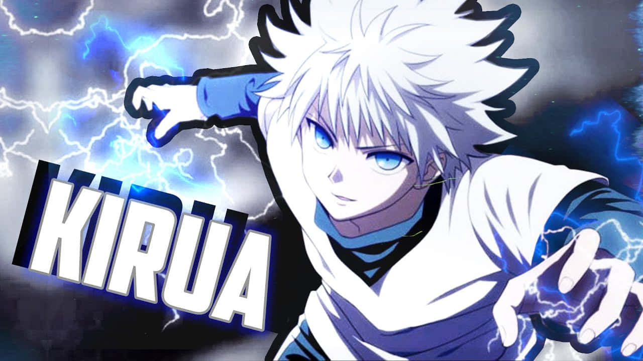 Shonen Anime 桌布 壁紙 — 動畫角色奇犽，白髮藍眼，在暴風雨天空背景下引導電能。