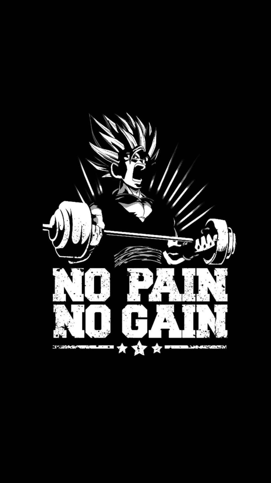  壁紙 — 一個黑白動漫角色在放射線和粗體文字no pain no gain下，以強烈表情舉起槓鈴。