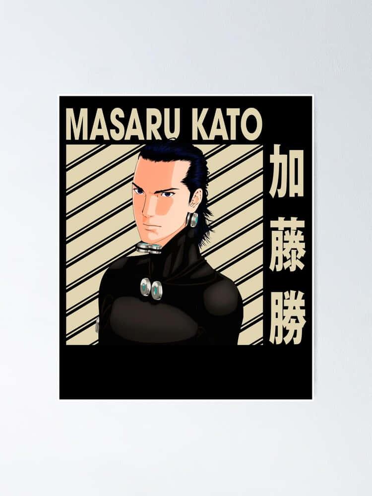 Masaru Kato 桌布 壁紙 — 動漫角色加藤勝身穿黑色服裝配銀色飾品，背景為米色斜紋和粗體文字。