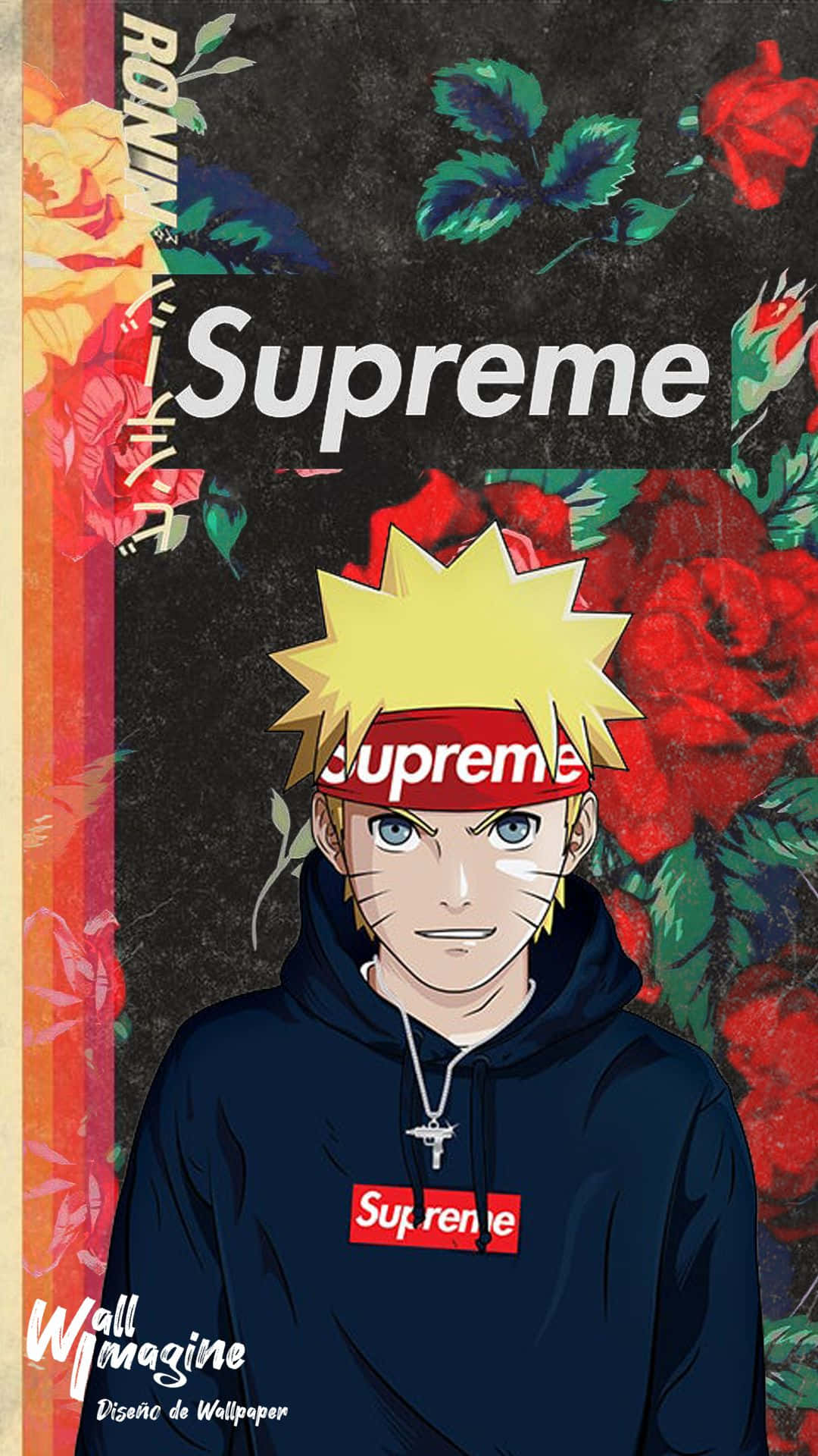 動漫角色鳴人穿著 Supreme 連帽衫，被紅玫瑰和日文字環繞。