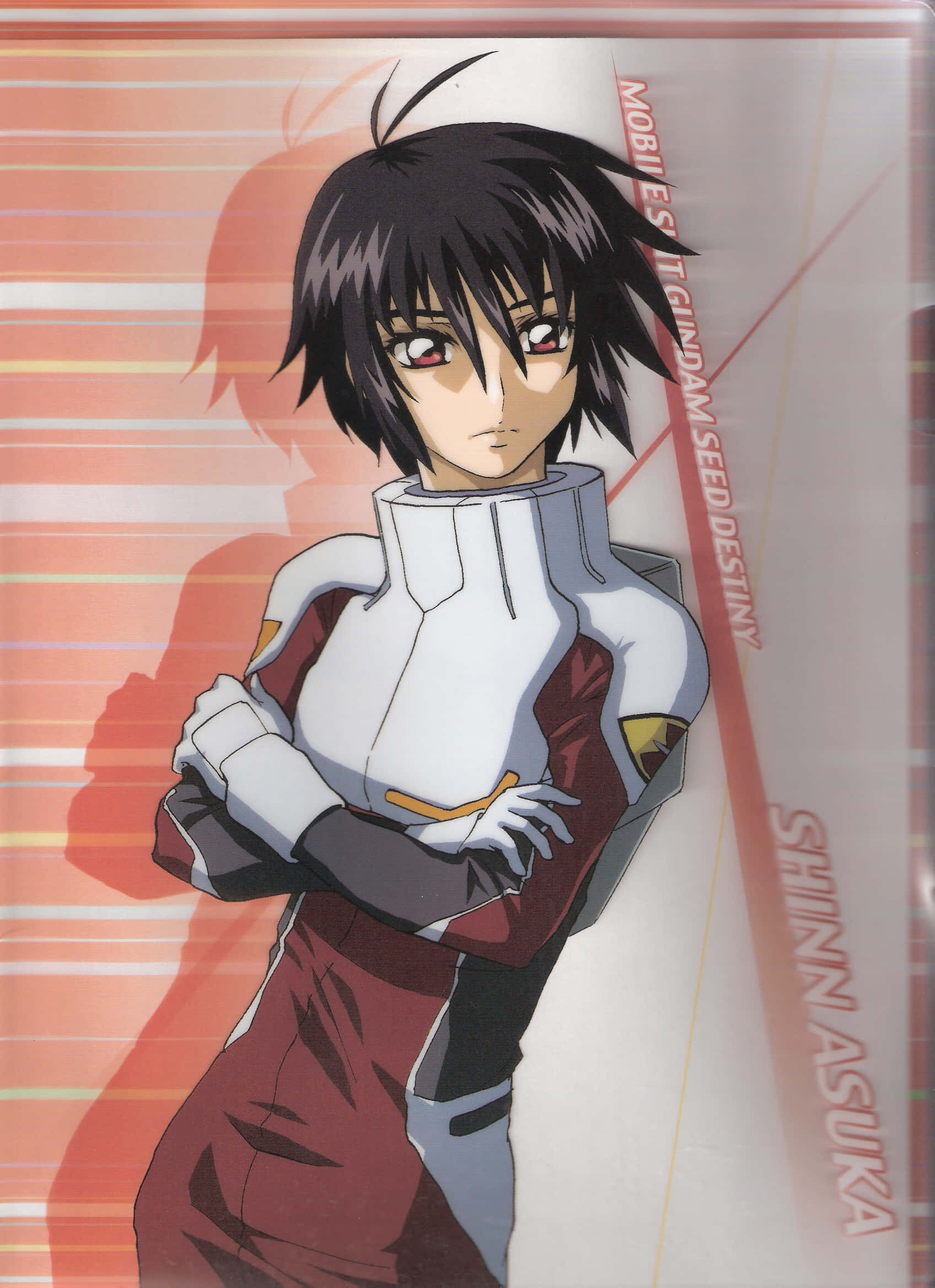 Shinn Asuka 桌布 壁紙 — 動畫角色真·飛鳥身穿紅白飛行員服，雙臂交叉，站在帶有橙色條紋的背景前。