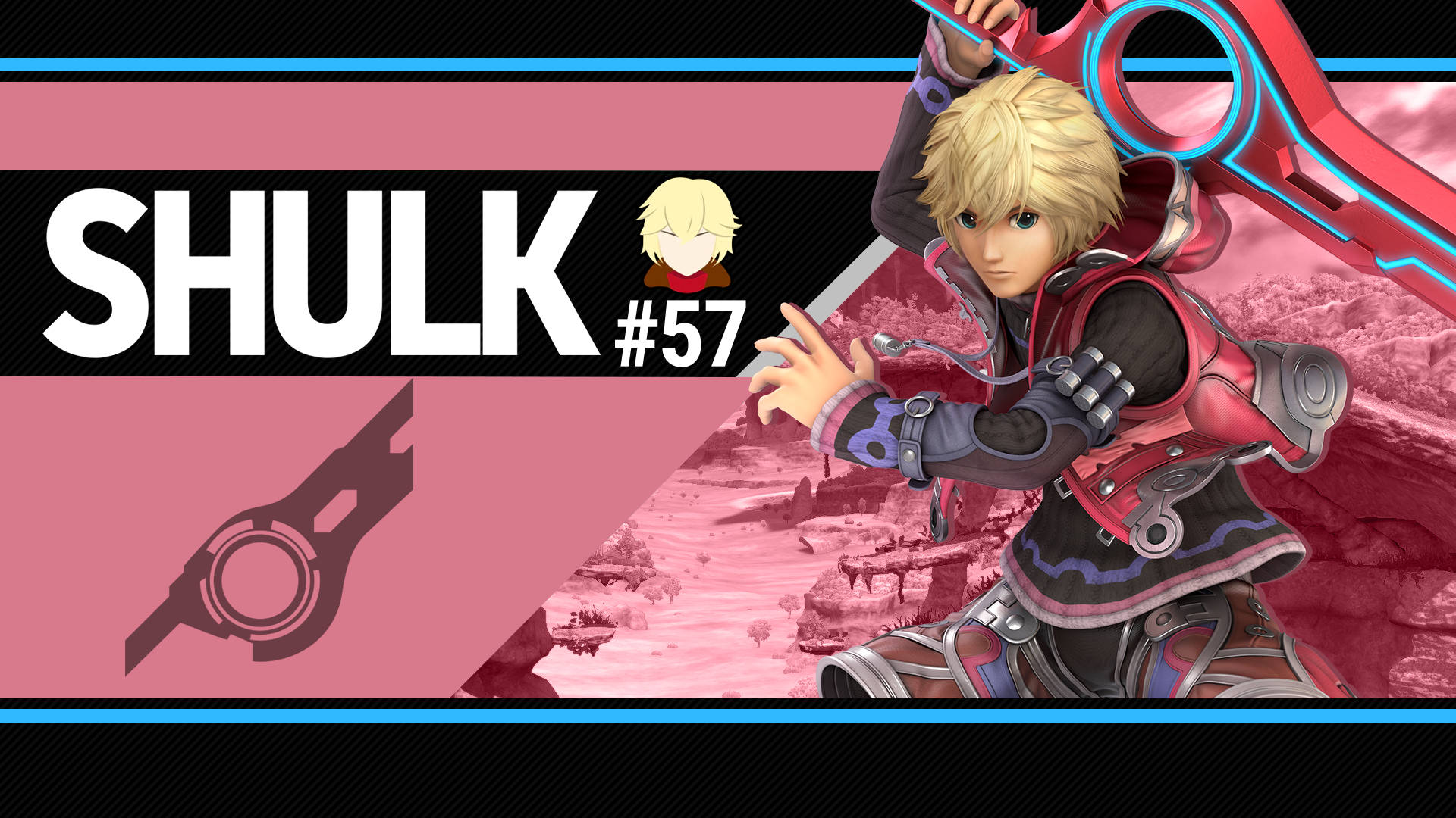 《任天堂明星大亂鬥 Ultimate》修爾克 壁紙 — 動畫角色 Shulk 身穿紅色盔甲，在粉紅色岩石景觀中手持發光劍。