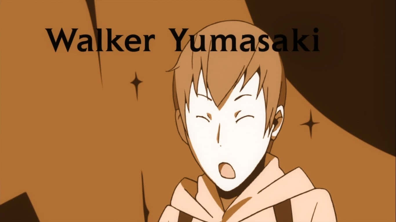  壁紙 — 動漫角色Walker Yumasaki閉著眼睛張開嘴巴，背景是溫暖的棕色帶有星爆效果。