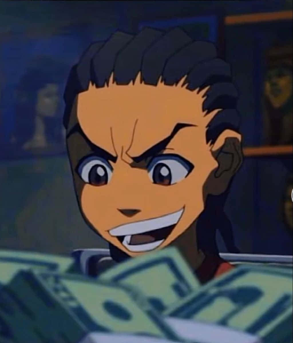 《The Boondocks》瑞利·弗里曼頭像 壁紙 — 一個辮子動漫角色在昏暗的房間裡興奮地拿著一疊疊綠色鈔票，滿臉喜悅。