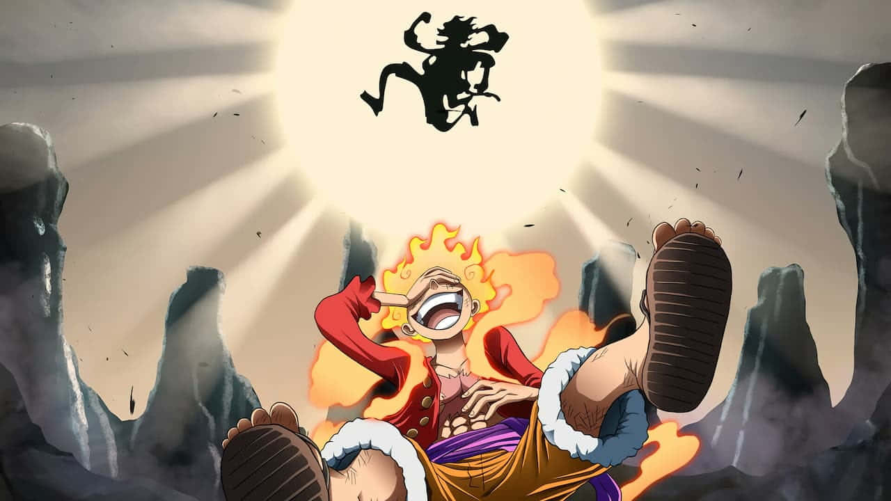 Luffy Gear 5 iPhone 桌布 壁紙 — 一個擁有火紅頭髮的動漫角色勝利地跳躍，背後有陽光迸發，上方漂浮著一個漢字符號。