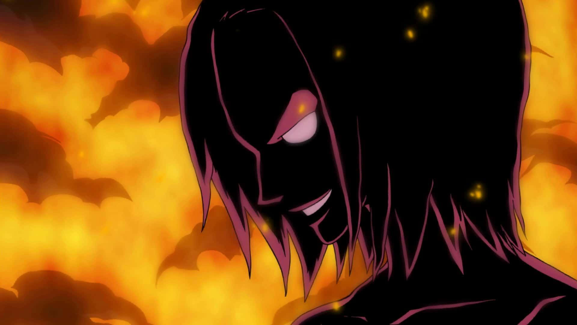 Rob Lucci 桌布 壁紙 — 一個深色頭髮的動漫角色，發光的眼睛在熾熱的橙色和黃色背景下強烈凝視。