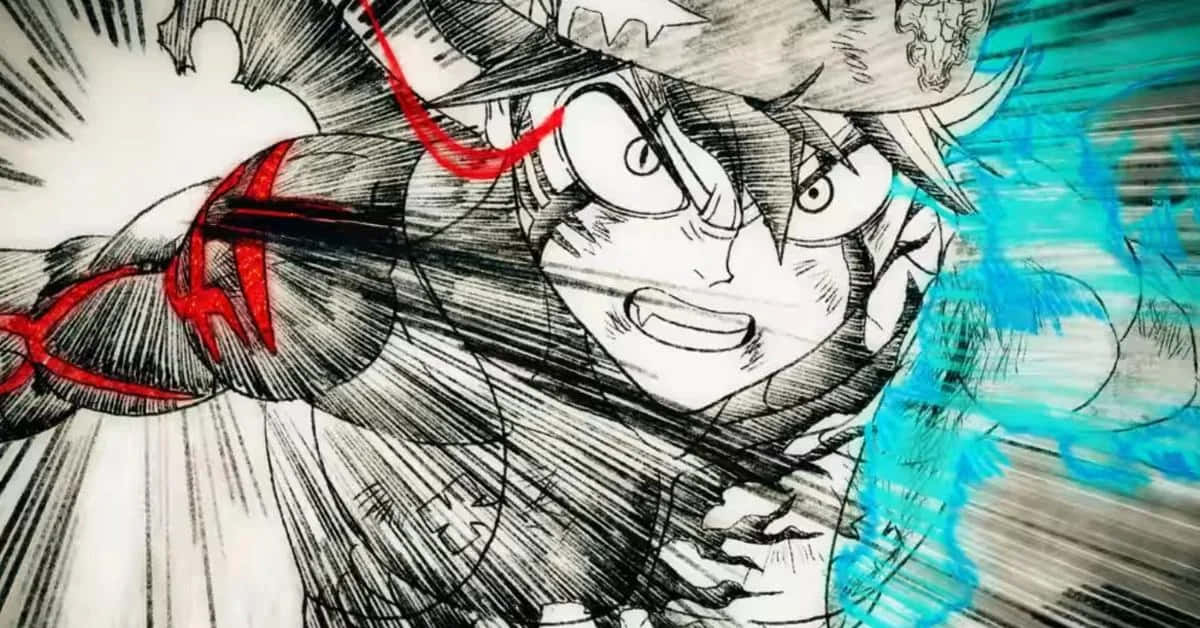  壁紙 — 一個擁有狂野頭髮和銳利眼神的動漫角色，以動態素描風格釋放出紅色和藍色的能量爆發。