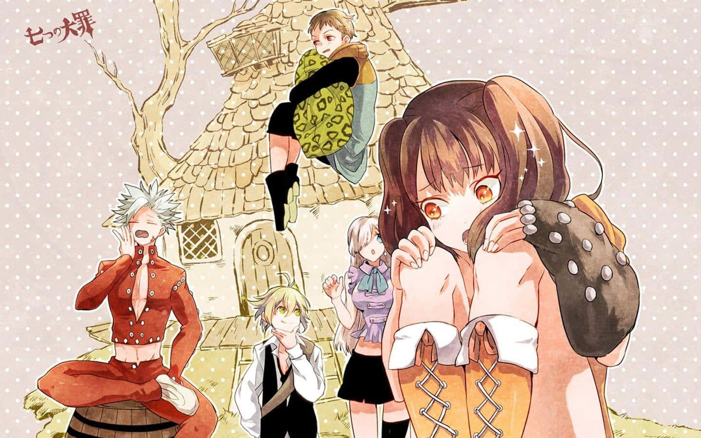 Seven Deadly Sins King 桌布 壁紙 — 動漫角色在一個奇幻的村莊場景中，前景有一個女孩拿著一個巨大的蘑菇。