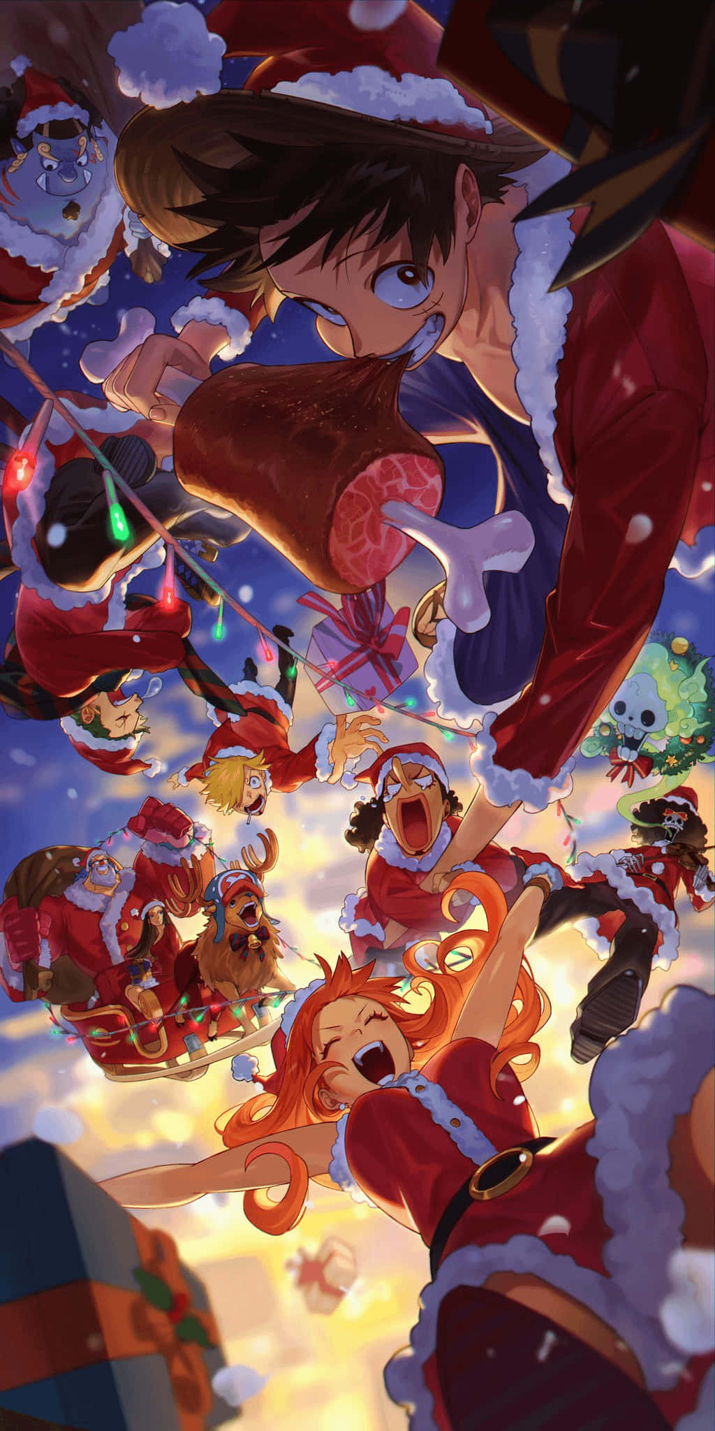 One Piece Christmas 桌布 壁紙 — 動漫角色穿著喜慶的紅色服裝，在充滿禮物和閃爍燈光的雪夜天空中快樂地飄浮。