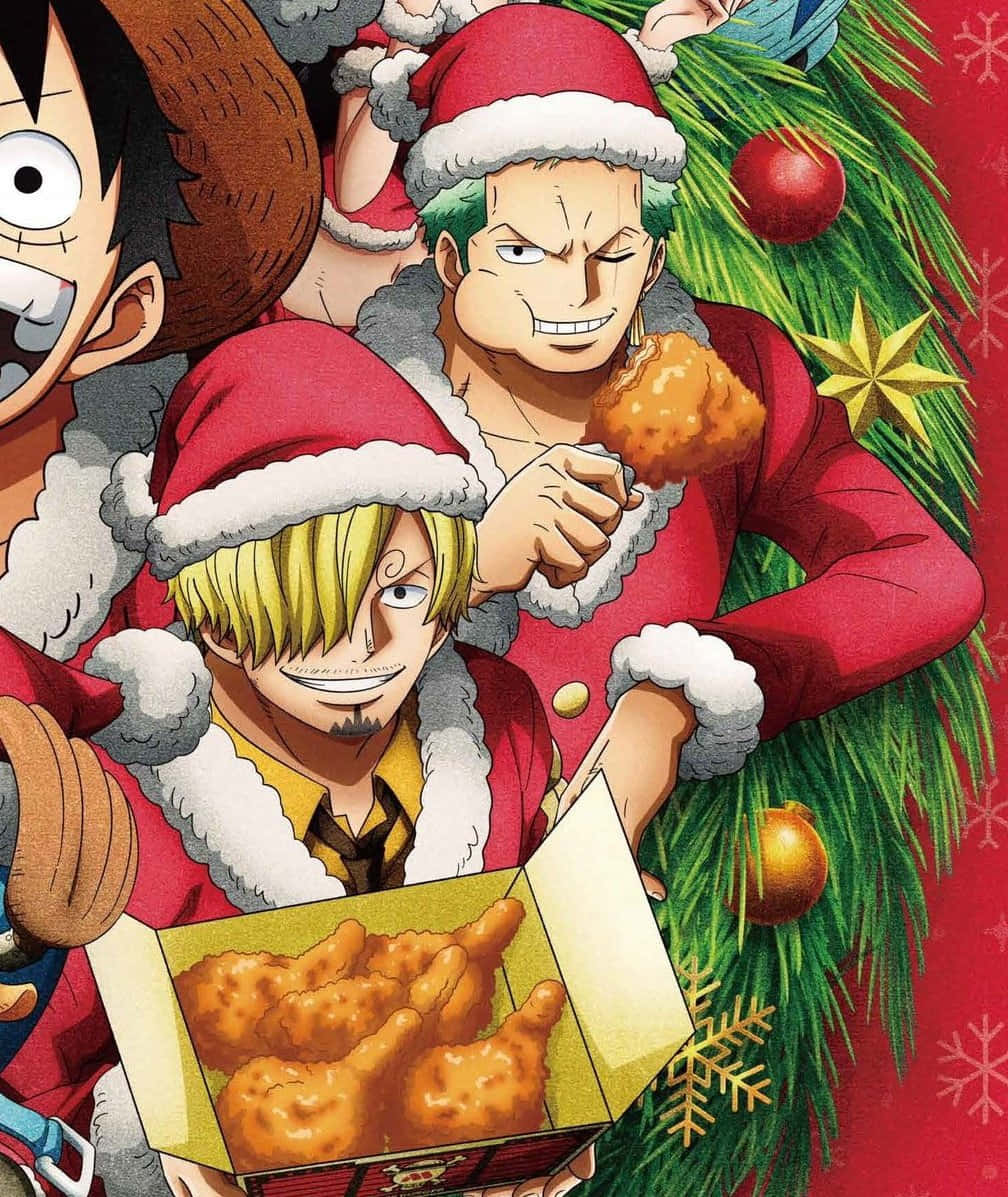 One Piece Christmas 桌布 壁紙 — 動漫角色穿著喜慶的紅色聖誕老人服裝，在裝飾好的聖誕樹旁享用炸雞。