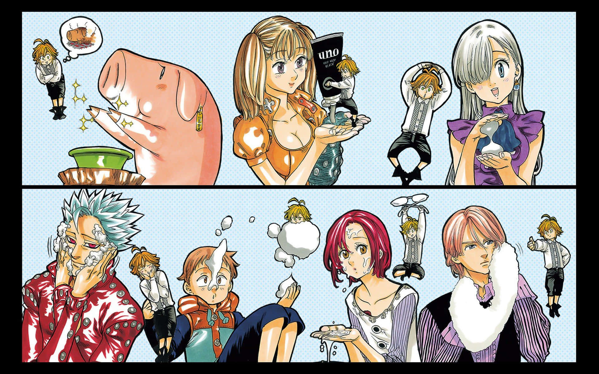 Seven Deadly Sins King 桌布 壁紙 — 動漫角色與巨型豬和肥皂泡在奇幻漫畫格中互動。