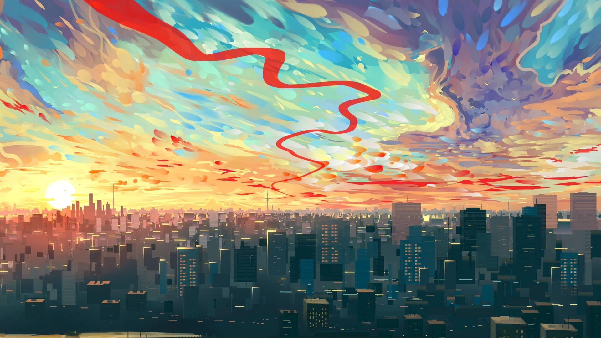 動漫城市天際線在夕陽下，色彩繽紛的漩渦雲彩和發光的建築物。