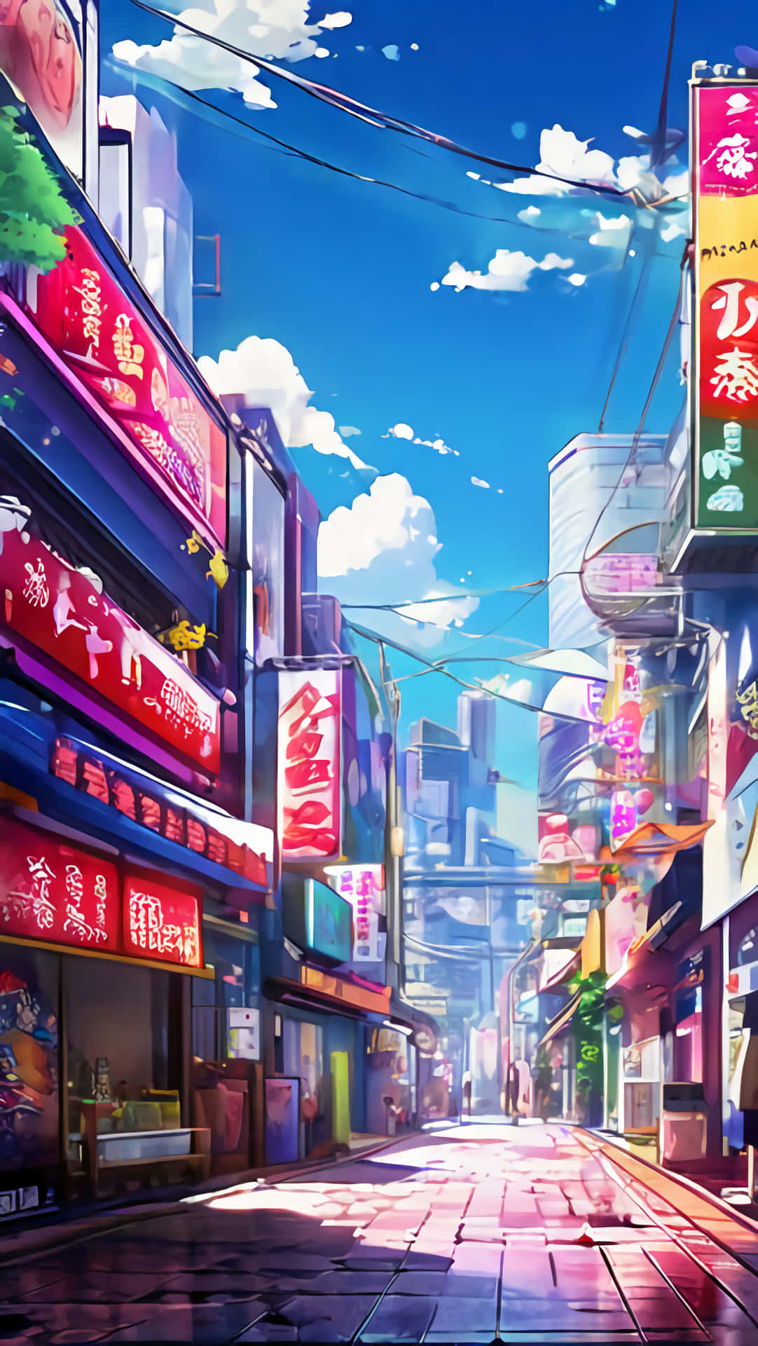 色彩繽紛的動漫街道，發光的招牌和高樓大廈，在明亮的藍天和白雲下