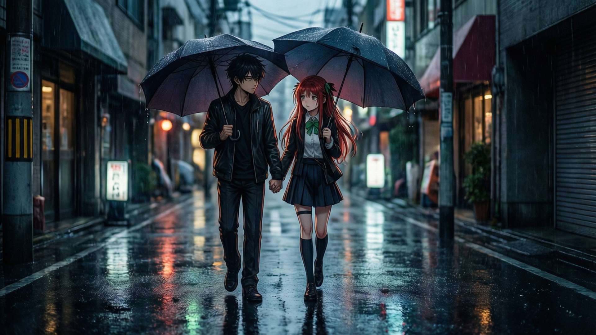 動漫情侶撐傘在雨夜的城市街道上行走。