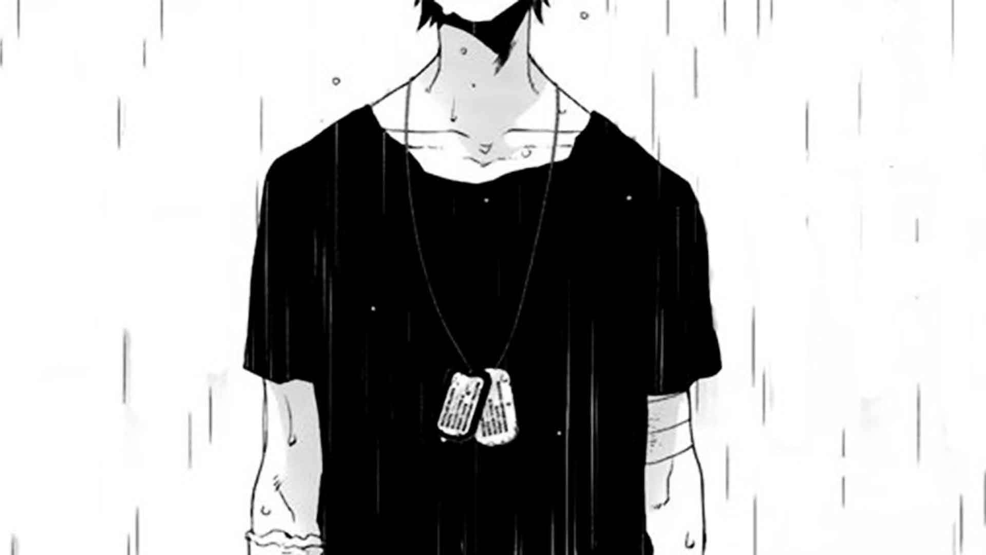 Anime Depression Raining Creative Visual Art 壁紙 — 一個黑白動漫風格的人物站在雨中，穿著黑色T恤和狗牌，周圍有水滴落下。