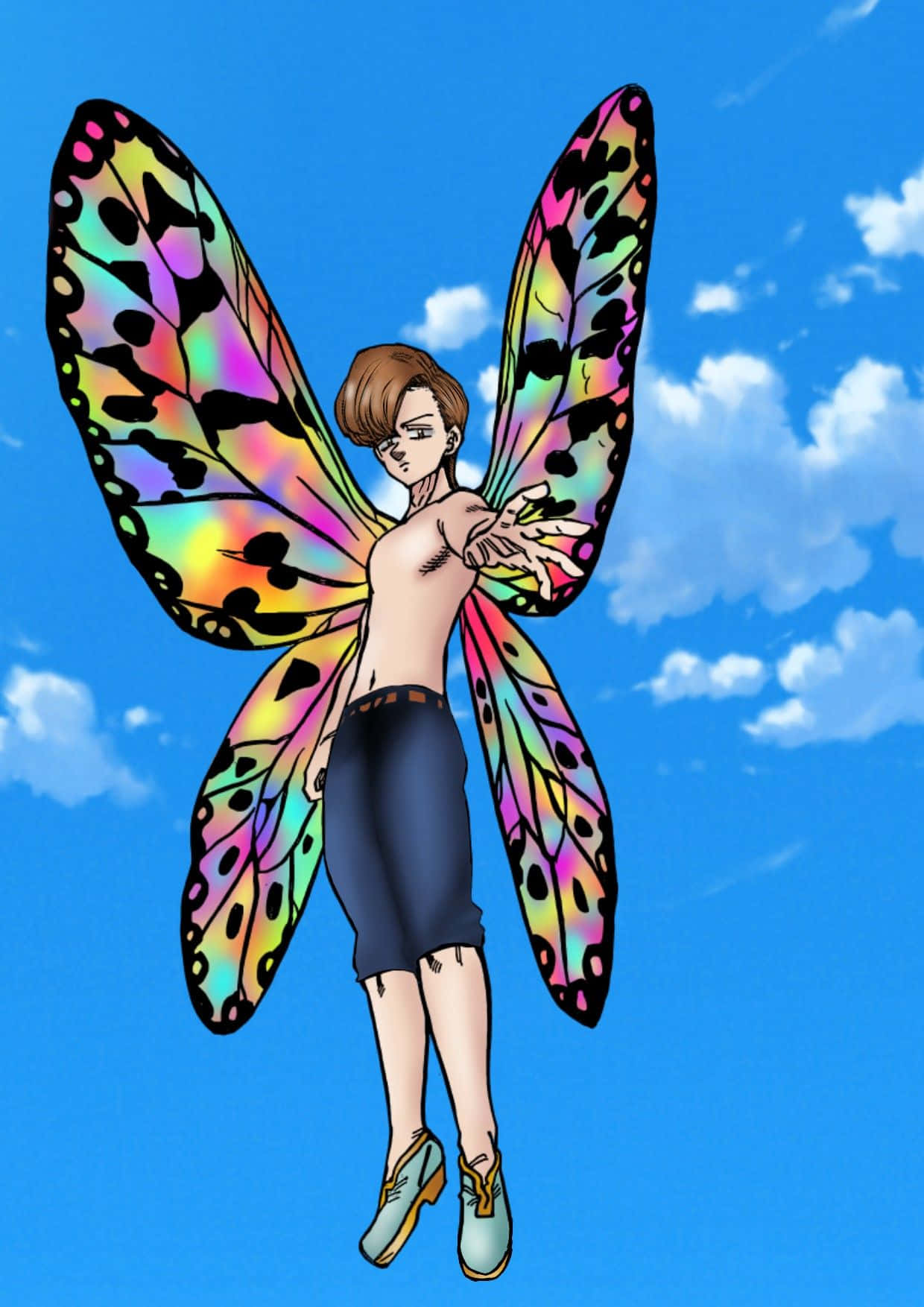 Seven Deadly Sins King 桌布 壁紙 — 一個風格化的動漫仙子，擁有彩虹翅膀，漂浮在點綴著蓬鬆白雲的明亮藍天上。