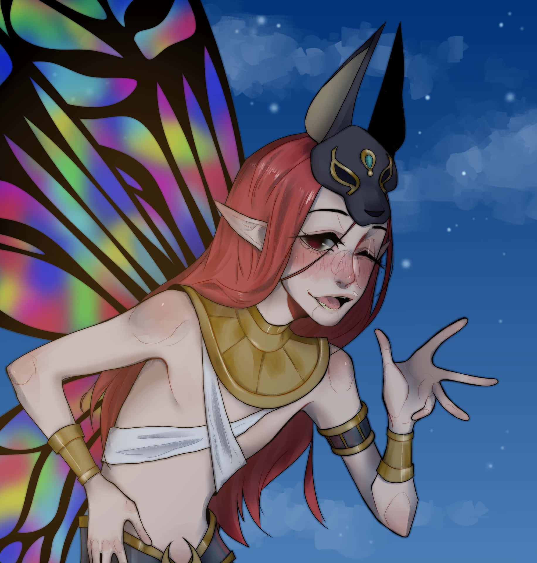  壁紙 — 一位紅髮動漫仙女，擁有彩虹翅膀和埃及頭飾，在星空夜空前擺姿勢。