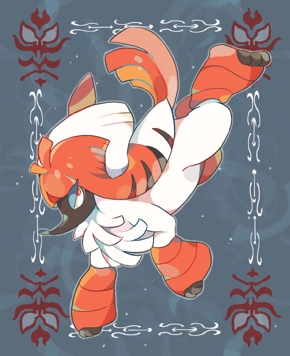 Furfrou 桌布 壁紙 — 一隻動態動漫風格的狐狸般生物，擁有橙色和白色毛髮，在深藍色背景上跳躍，背景飾有紅色和白色的部落圖案。