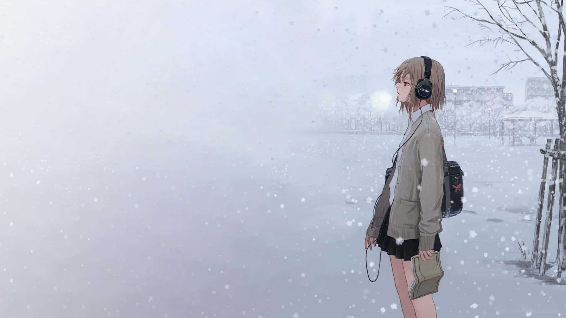 壁紙 — 一個戴著耳機的年輕動漫女孩獨自站在雪景中，雪花飄落在她周圍，她凝視遠方。