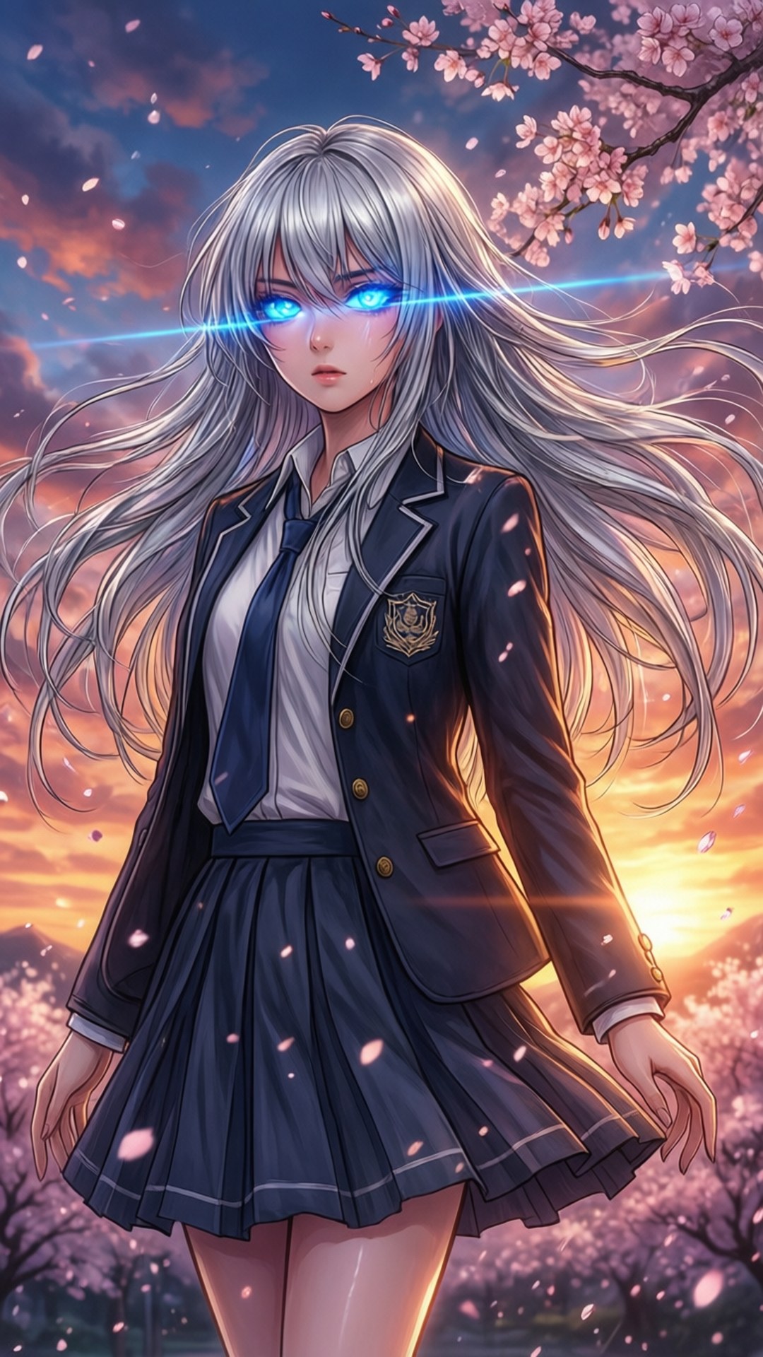 夕陽下櫻花樹旁，穿著校服的藍眼動漫女孩