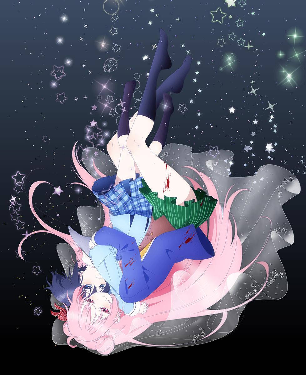Happy Sugar Life 跌落星空 壁紙 — 一個粉紅色頭髮的動漫女孩穿著校服，在繁星點點的夜空中倒掛，周圍有發光的星星和旋轉的絲帶。