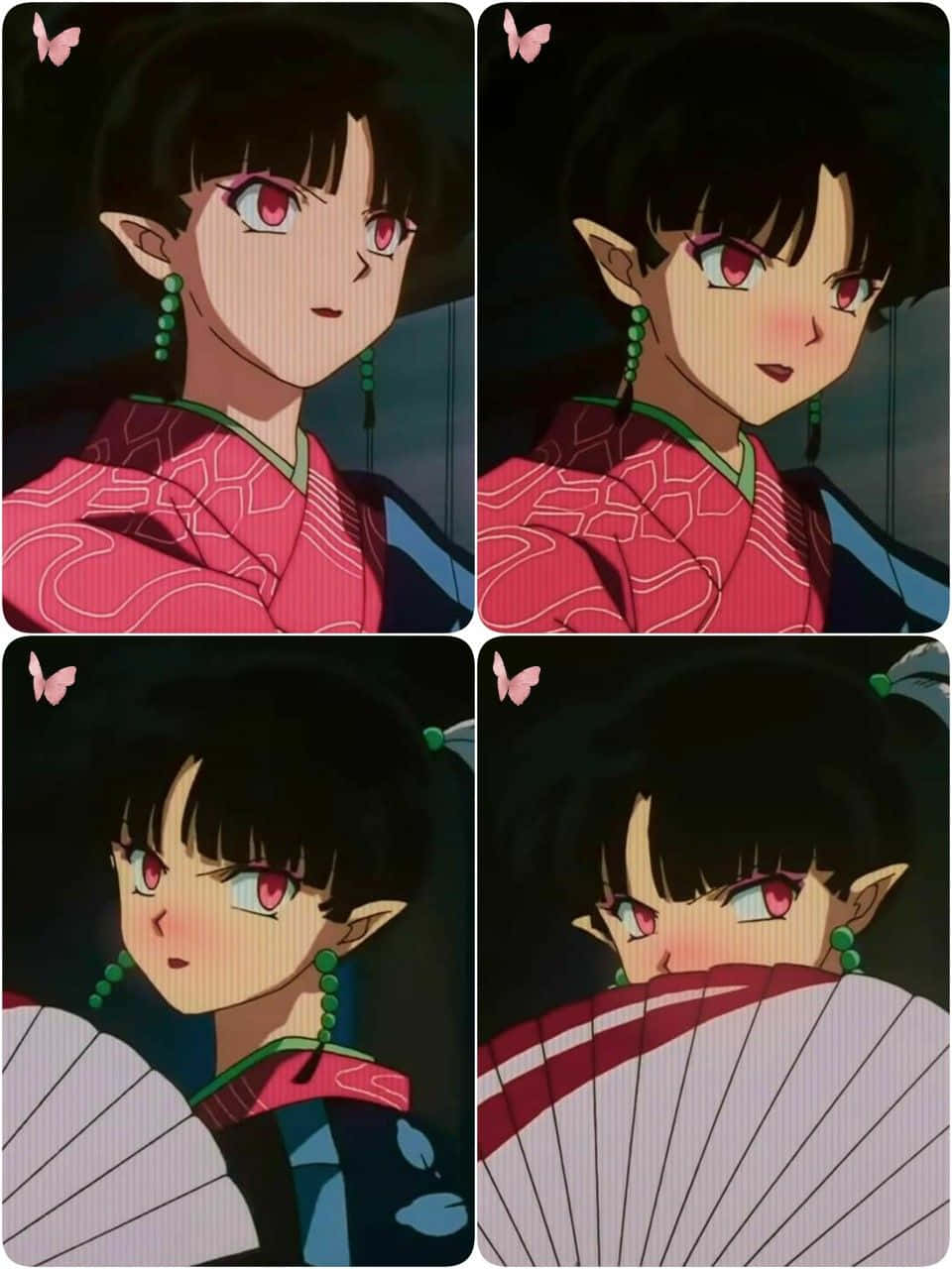 Inuyasha Kagura 桌布 壁紙 — 動漫女孩，紅眼睛，黑頭髮，穿著粉紅色和服，手持白色扇子，蝴蝶在她周圍飛舞。