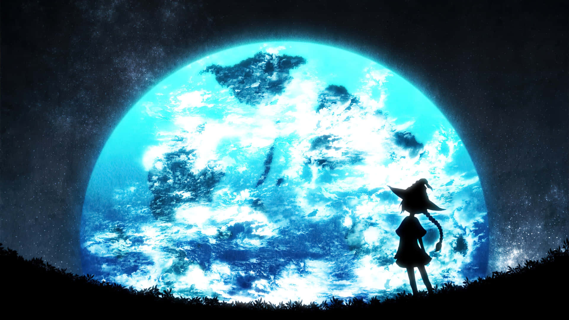  壁紙 — 一個孤獨的動漫女孩以剪影站立，凝視著繁星夜空中的巨大發光藍色星球。