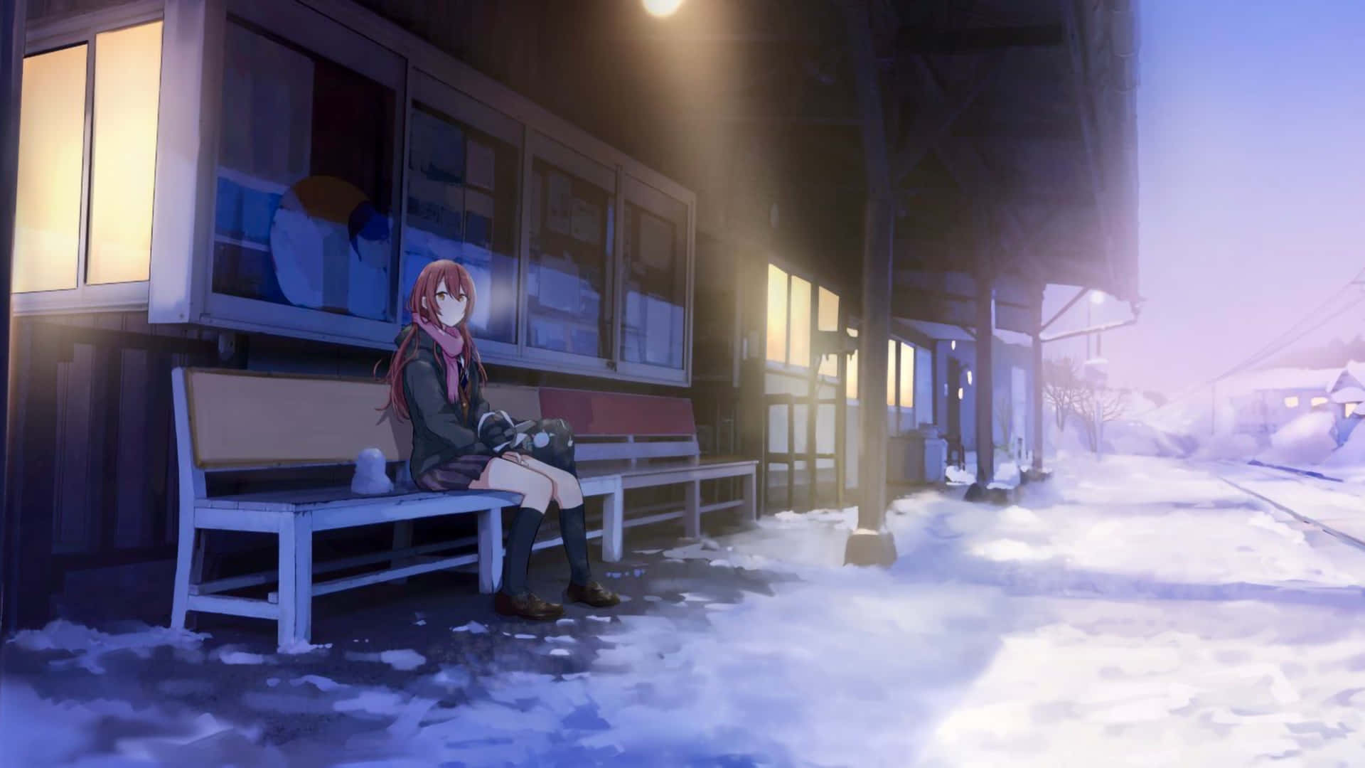  壁紙 — 一個孤獨的動漫女孩坐在被雪覆蓋的火車站長椅上，在溫暖的燈光下，白雪覆蓋了寂靜的月台。