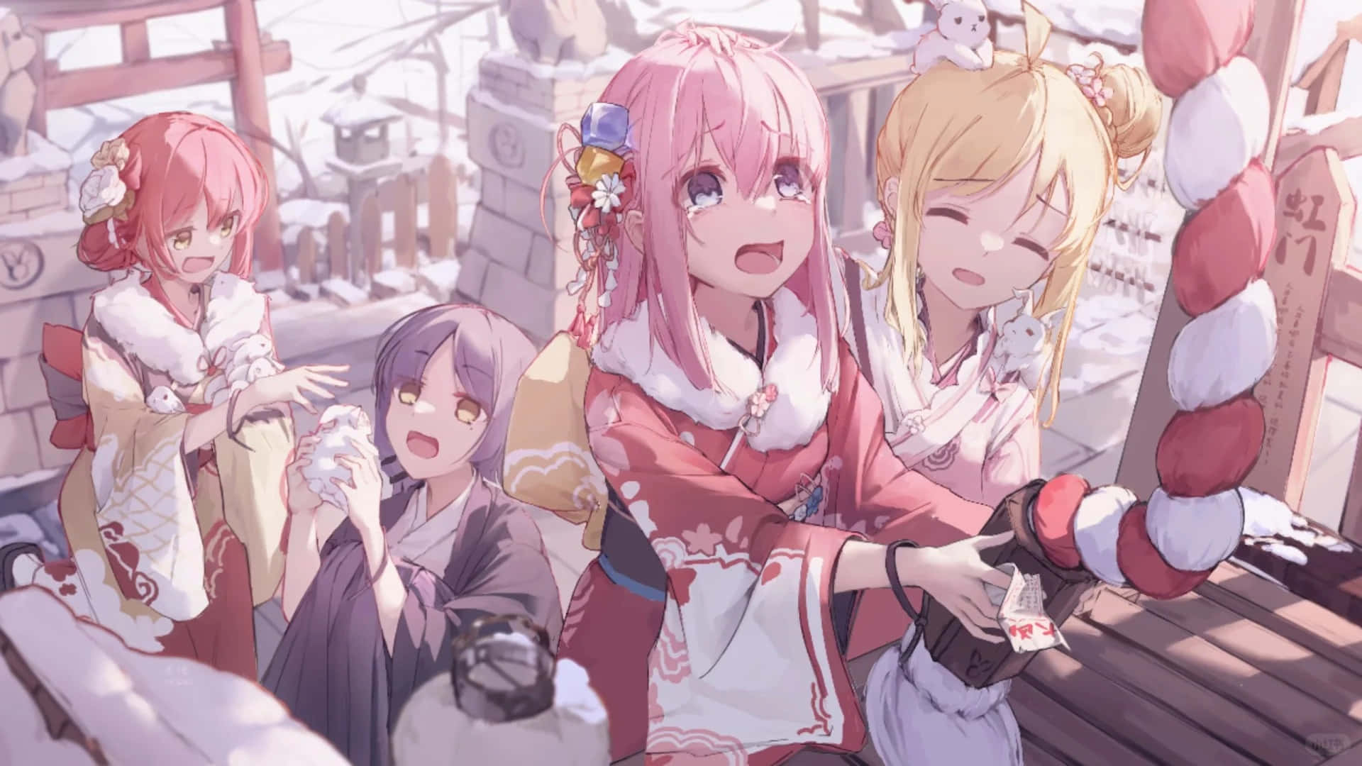 四個動畫女孩穿著冬季和服，在雪地神社與貓咪玩耍。