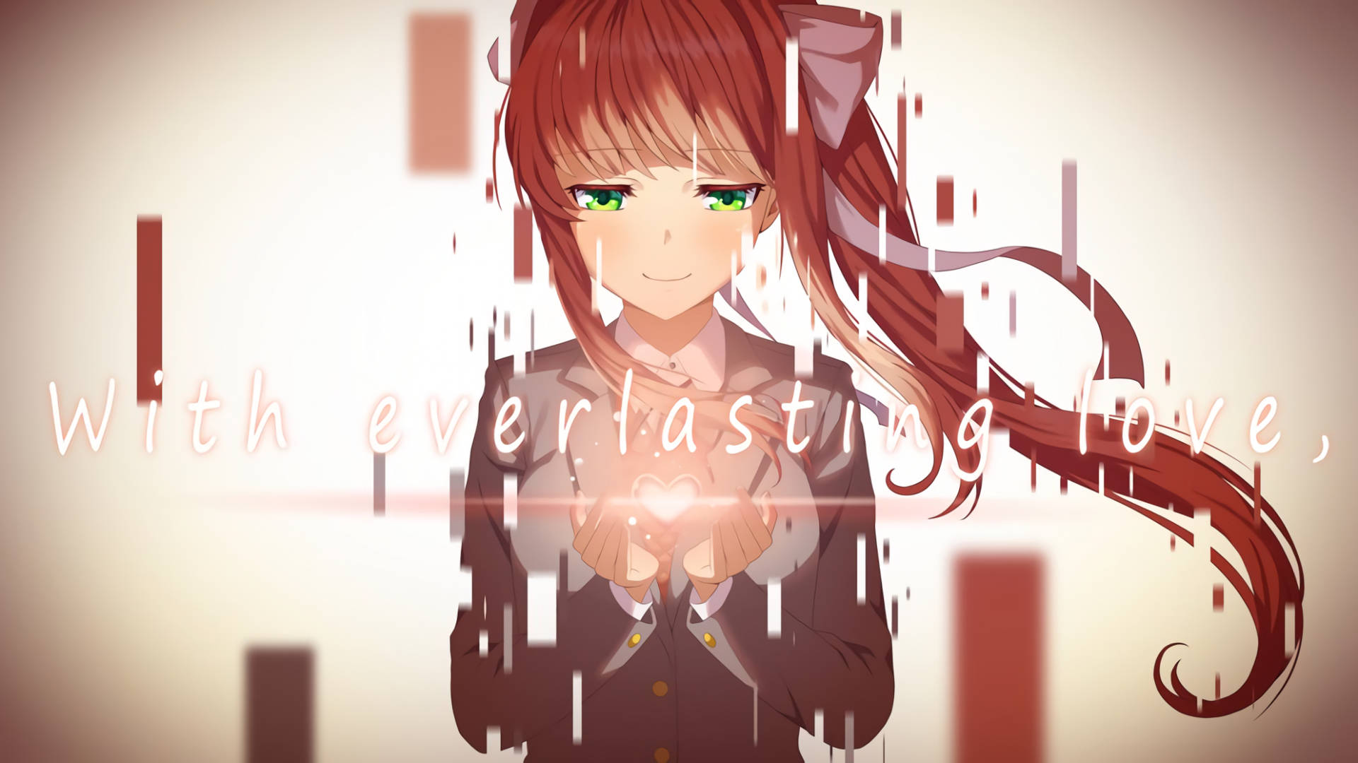 《心跳文學部！》漸隱 Monika 壁紙 — 紅髮綠眼的動漫女孩在溫暖色調的雨中手持發光的心形。