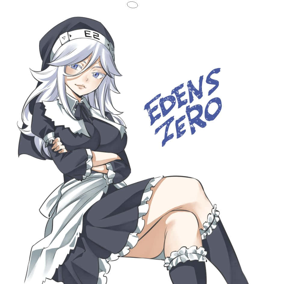  壁紙 — 銀髮藍眼的女僕裝動畫女孩在純白背景前自信擺姿勢，帶有「EDENS ZERO」文字。