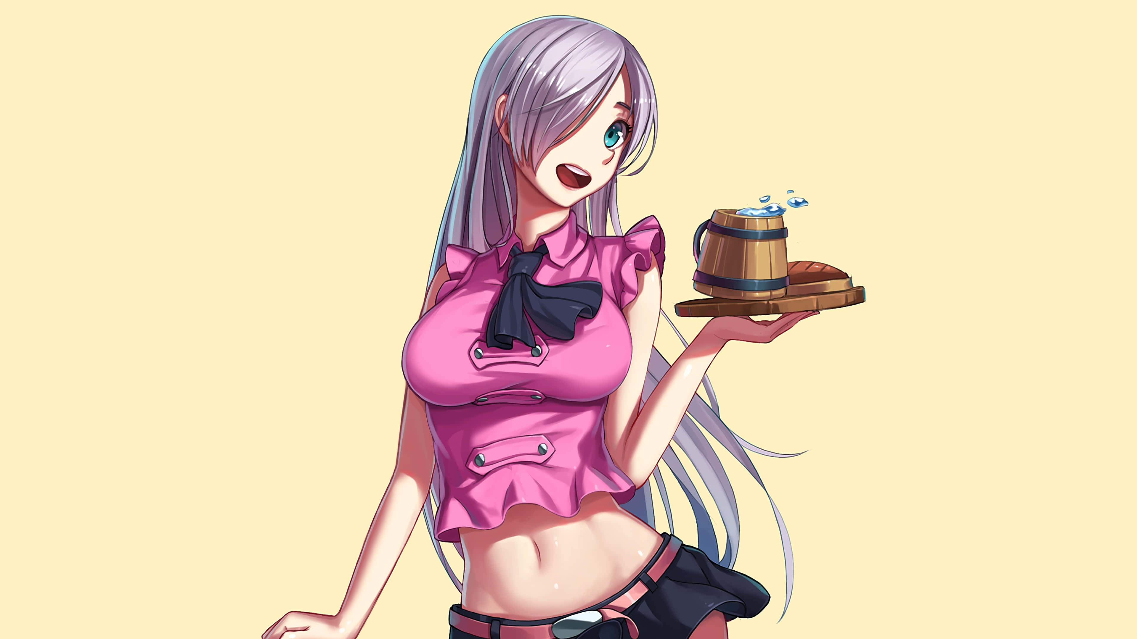 Seven Deadly Sins Elizabeth Liones 桌布 壁紙 — 動畫女孩，銀色頭髮，穿著粉紅色上衣，在淡黃色背景前拿著木杯和麵包。