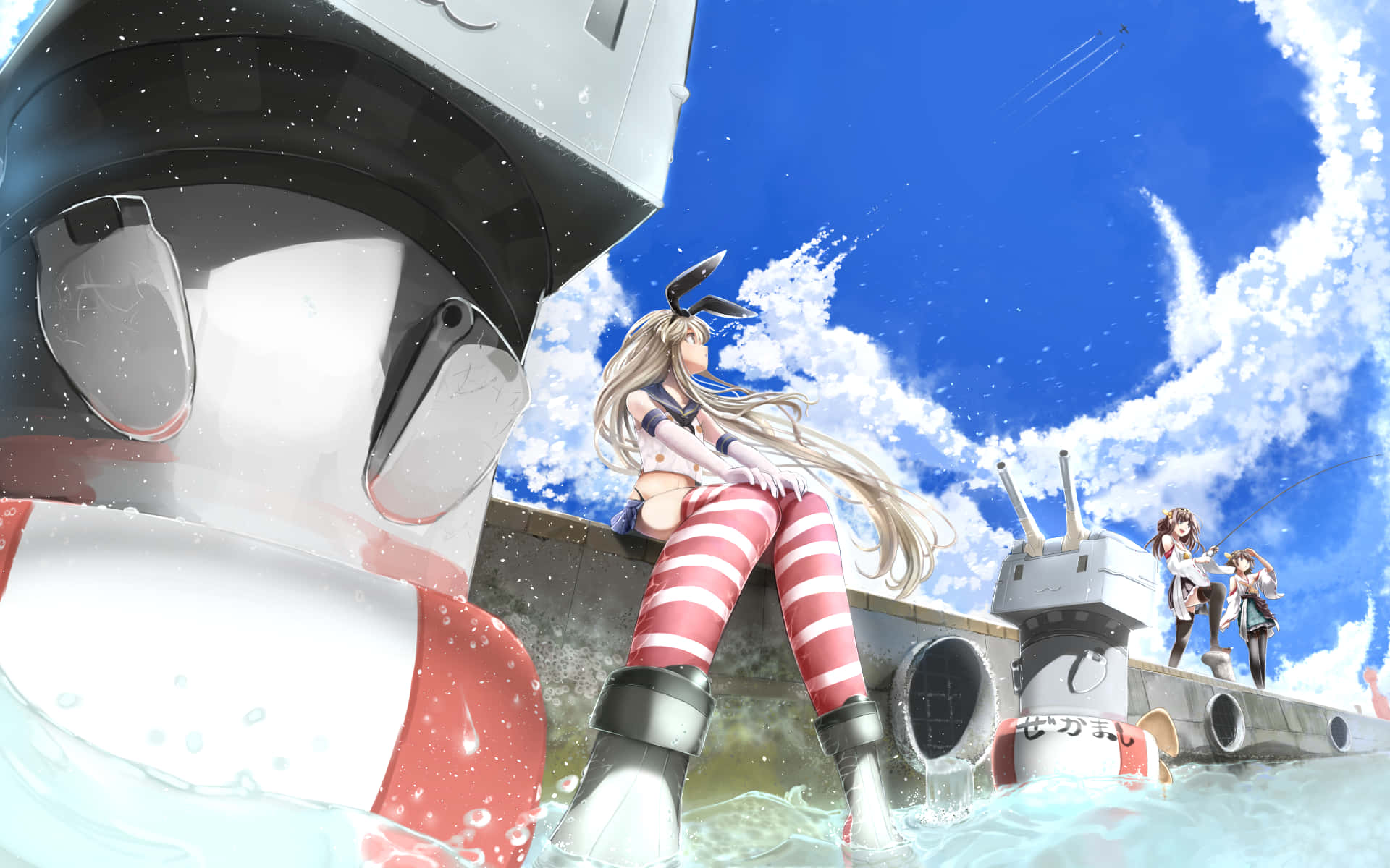 無盡的夏日 壁紙 — 動漫女孩戴著兔耳坐在軍艦上，背景是明亮的藍天、蓬鬆的雲朵和飛濺的水花。
