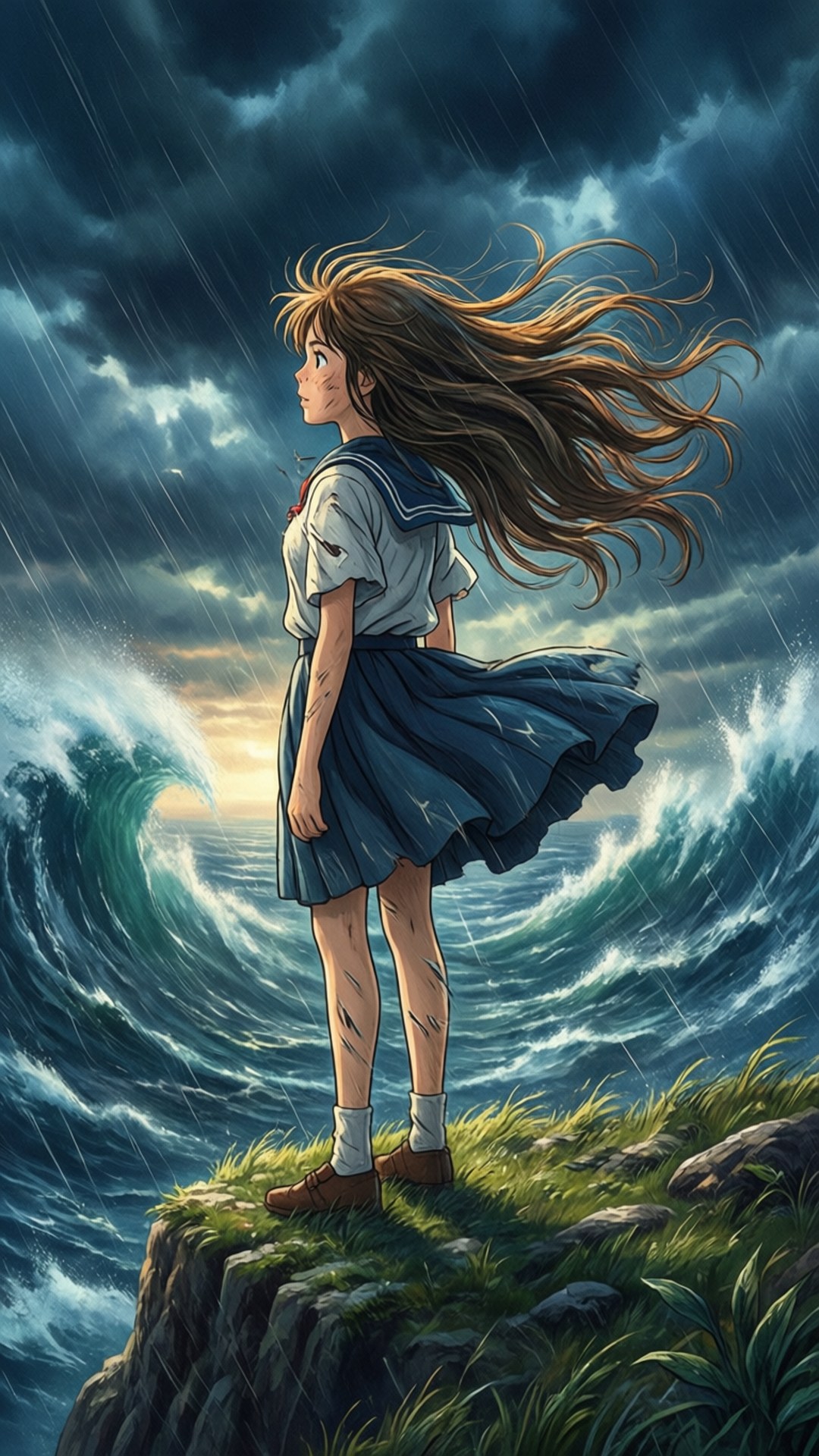 穿著校服的女孩在暴風雨中站在懸崖邊，腳下是翻騰的海浪